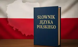 Słownik języka polskiego na tle flagi Polski. Czy w 2026 roku czekają nas zmiany w języku polskim?