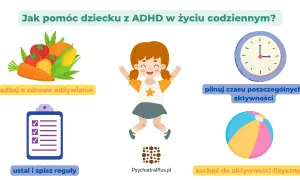 Radosne dziecko z ADHD skacze z radości, otoczone wskazówkami: zdrowe jedzenie, reguły, czas na aktywności i ruch.