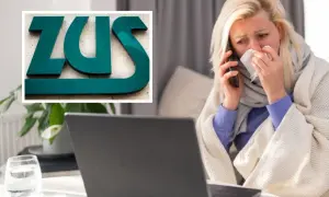 Kobieta chora, owinięta kocem, rozmawia przez telefon, obok logo ZUS. Może to być kontrola ZUS L4.