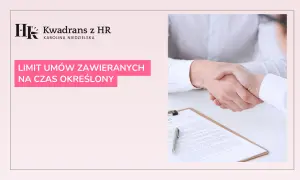 Uścisk dłoni symbolizuje zawarcie umowy. Na ekranie widoczny jest tekst "LIMIT UMÓW ZAWIERANYCH NA CZAS OKREŚLONY".