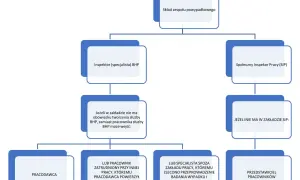 Schemat składu zespołu powypadkowego, określający kto sporządza protokół powypadkowy w zależności od struktury firmy.