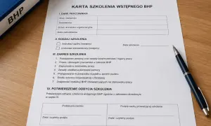 Karta szkolenia wstępnego BHP z polami do wypełnienia przez pracownika i prowadzącego. Dokument zawiera sekcje dotyczące danych pracownika, rodzaju szkolenia, zakresu tematycznego oraz potwierdzenia odbycia.