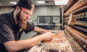 Młody technik mechatronik w okularach ochronnych pracuje przy panelu z przewodami i modułami elektronicznymi.