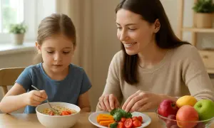 Mama z uśmiechem podaje córce warzywa, dbając o zdrowy posiłek. To przykład troskliwej opieki nad zdrowym dzieckiem.