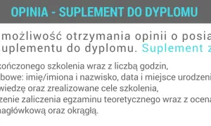 Opinia - suplement do dyplomu zawiera dane szkolenia, osobowe, wiedzę, ocenę egzaminu i pieczęcie.