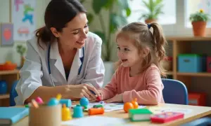 Uśmiechnięta terapeutka pedagogiczna wspiera małą dziewczynkę w zabawie i nauce przy stoliku pełnym kolorowych materiałów.