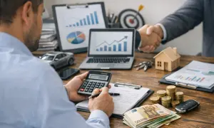 Biznesmen, jako technik handlowiec, liczy pieniądze przy biurku z modelem domu, kluczami i wykresami.