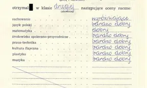 Szkoła oceniała ucznia w drugiej klasie. Skala ocen obejmuje zachowanie, język polski, matematykę i inne przedmioty.