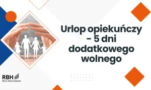 Dłonie chroniące sylwetki rodziny symbolizują opiekę na członka rodziny. Informacja o 5 dniach urlopu opiekuńczego.