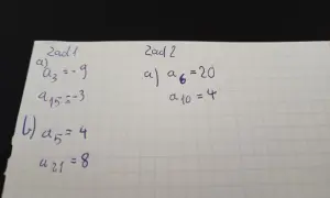 Zadania z matematyki: obliczanie wyrazów ciągu arytmetycznego i jego sumy. Widać dane: a₃=-9, a₁₅=-3, a₅=4, a₂₁=8 oraz a₆=20, a₁₀=4.
