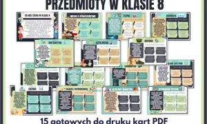 Przedmioty klasa 8: matematyka, język polski, fizyka, historia, geografia, biologia, chemia, WOS, informatyka, wychowanie fizyczne.