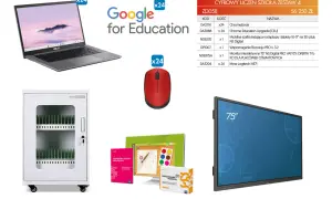 Chromebook, czerwona myszka, szafka ładująca, monitor interaktywny 75" i podręcznik.
