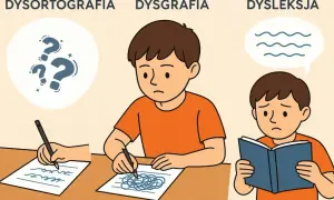 Chłopiec z dysleksją ma trudności z czytaniem, podczas gdy inny zmaga się z pisaniem.