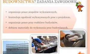 Technik budownictwa organizuje prace, kontroluje zgodność z projektem i dobiera materiały. Na zdjęciach budowa, spawanie i narzędzia.