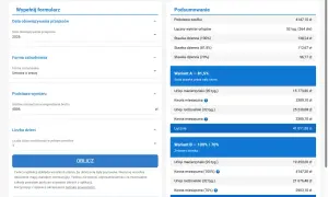 Kalkulator zasiłku macierzyńskiego: wprowadzono dane o wynagrodzeniu i liczbie dzieci, podsumowanie pokazuje kwoty urlopu.