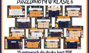Przedmioty w klasie 6: język polski, matematyka, historia, geografia, biologia, technika, informatyka, wychowanie fizyczne, etyka, religia, języki obce.