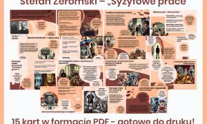 Stefan Żeromski – „Syzyfowe prace" – streszczenie. Grafika przedstawia kluczowe elementy powieści, od postaci po motywy i przesłanie.