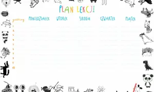 Kolorowy plan lekcji z zabawnymi rysunkami zwierząt i przedmiotów. Idealny konspekt do wypełnienia zajęciami.