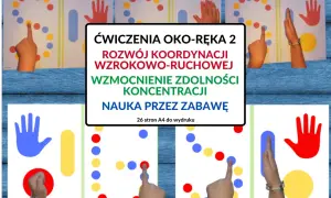 Dzieci ćwiczą koordynację wzrokowo-ruchową, dotykając palcami kolorowych kółek na planszach.