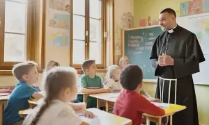 Ksiądz prowadzi lekcję religii w szkole. Dzieci uważnie słuchają, siedząc w ławkach.