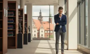 Młody prawnik w eleganckim garniturze zastanawia się, ile trwają studia prawnicze, stojąc w bibliotece z widokiem na zabytkowe budynki.
