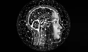 Profil kobiety z rysunkiem mózgu i siecią neuronową, symbolizującą myślenie neurotypowe.