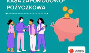 Kasa zapomogowo pożyczkowa: ludzie zawierają umowę, a obok różowa świnka-skarbonka przyjmuje monety.
