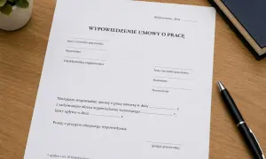 Dokument "Wypowiedzenie umowy o pracę" na biurku, gotowy do złożenia.