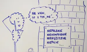 Postać z chmurką myśli "Nie wiem, co z tym nie..." stoi przed murem z napisem "Niepalenie, niewchodzenie, nieniszczenie, niepicie".