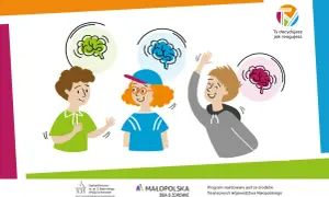 Trzy uśmiechnięte dzieci z różnymi mózgami w chmurkach symbolizują neuroróżnorodność. Każdy z nas jest inny.