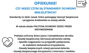 Rodzicu, opiekunie! Czy wiesz, czym są **standardy ochrony małoletnich**? To zasady tworzące bezpieczne środowisko w szkole, chroniące dzieci przed krzywdzeniem.