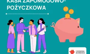 Kasa zapomogowo-pożyczkowa (KZP) to fundusz wspierający pracowników. Na ilustracji ludzie i skarbonka symbolizują pomoc finansową.