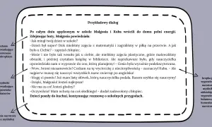 Jak napisać dialog w opowiadaniu? Przykład rozmowy Małgosi i Kuby o szkolnych przygodach, z zaznaczonymi elementami narracji i wypowiedzi bohaterów.