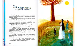 Nasza mama czarodziejka, z dziećmi pod drzewem, szuka złodzieja cienia sosny. Ilustracja z książki.