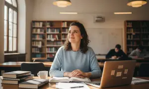 Kobieta uczy się do przygotowania pedagogicznego online w bibliotece. Na biurku książki, laptop i kubek kawy.