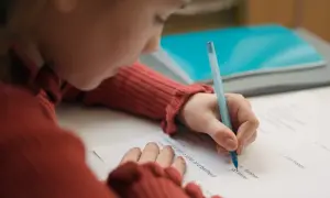 Dziecko w czerwonym swetrze pisze długopisem po karcie pracy, starając się o dopuszczający ocena.