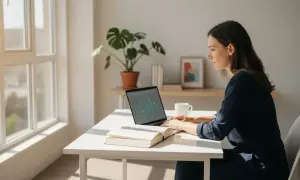 Kobieta pracuje przy laptopie, studiując materiały. Zastanawia się, ile trwają studia podyplomowe, szukając odpowiedzi w sieci.