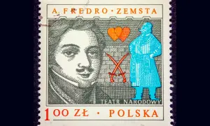 Znaczek z portretem A. Fredry i sceną z "Zemsty". Krótkie streszczenie tej komedii to historia miłości i intryg.