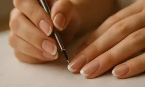 Dłonie z perfekcyjnym francuskim manicure, jedna z nich trzyma cienki pędzelek, jakby tworzyła dzieło sztuki. To oryginał, nie podróbka.
