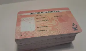 Stos nowych legitymacji szkolnych, gotowych do wypełnienia. Każda zawiera pole na numer legitymacji szkolnej, dane ucznia i szkoły.