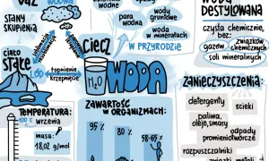 Sketchnoting o wodzie: stany skupienia, cykl w przyrodzie, zawartość w organizmach, zanieczyszczenia i woda destylowana.