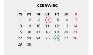 Kalendarz Czerwiec. 26 czerwca, zielonym kółkiem zaznaczony, to idealny dzień, kiedy kończy się rok szkolny i zaczynają wakacje.