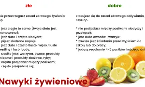 Zasady zdrowego odżywiania: złe nawyki (monotonna dieta, słodycze, fast food) vs. dobre (owoce, warzywa, regularne posiłki).