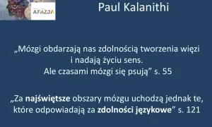 Grafika z zębatkami w głowie, symbolizująca mózg, i cytaty o jego działaniu. W tle logo "Afazja", nawiązujące do problemów z mową, jak afazja motoryczna.