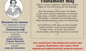 Portret Słowackiego i fragment "Testamentu mojego" o "kamieniach na szaniec" - symbolu bohaterstwa i poświęcenia.