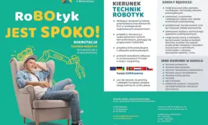Młody mężczyzna w fotelu, obok schemat robota. Rekrutacja na kierunek technik robotyk w ZSZ Nr 2 w Białymstoku.