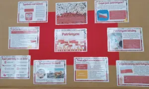Plakat o patriotyzmie: symbole narodowe, czym jest patriotyzm, tradycja i nowoczesność, patriotyzm lokalny, znajomość historii, współczesny patriotyzm.