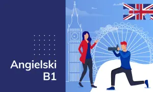 Angielski B1 online: poznaj Londyn i rozwijaj swoje umiejętności językowe. Puzzle z flagą UK i ikony Big Ben i London Eye.