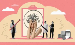 Stygmatyzacja zdrowia psychicznego: ludzie w kitlach analizują plątaninę myśli kobiety, która trzyma się za głowę.