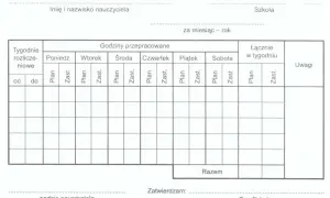 Formularz do rozliczania pensum nauczyciela, z podziałem na dni tygodnia i godziny pracy (planowane i zastępstwa).